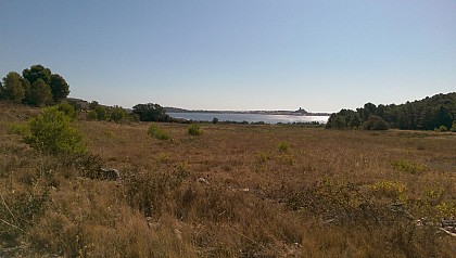 Vue sur l'étang de Gruissan depuis La Capoulade avec la mer au loin que l'on aperçoit