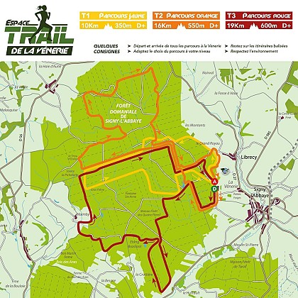Retrouvez 3 sentiers de trail (10/16/19 km) au départ du domaine de la Vénerie à Signy-l'Abbaye