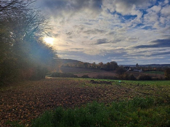 Au loin, le clocher de l'église de Mâle se devine...