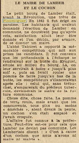 Article du télégramme du 22 avril 1953. "Le maire de Lamber et le cochon"