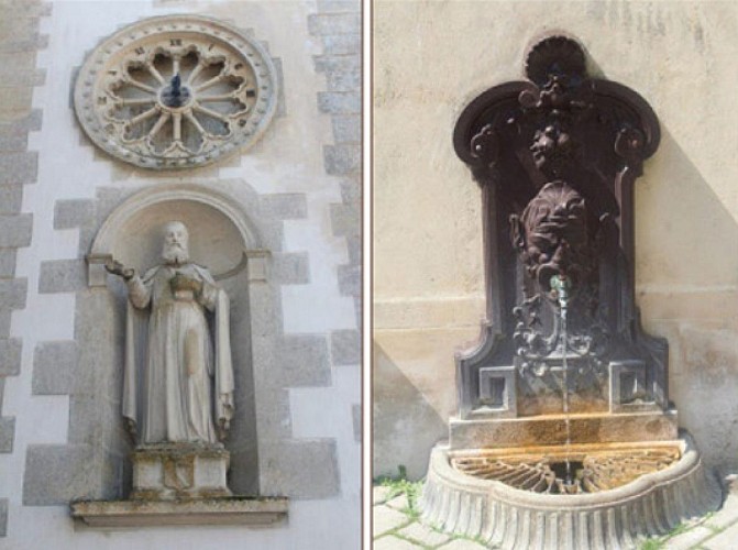Statue sur la façade et fontaine