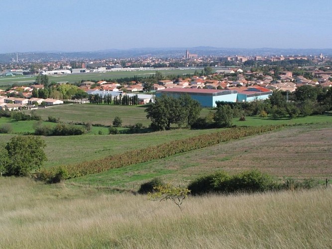 Sur les hauteurs, l'horizon s'ouvre sur une vue panoramique. Au premier plan, la cathédrale d'Albi.