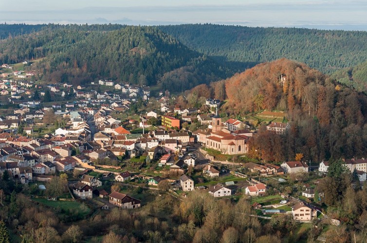 Vue générale de Bruyères depuis l'Avison en automne.