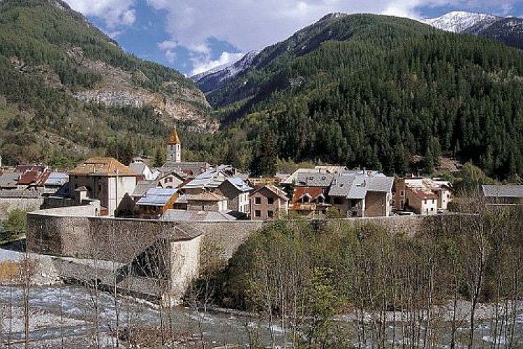 Colmars les Alpes entouré de ses remparts en bordure du Verdon, en arrière plan, la vallée de la Lance et son couvert forestier.