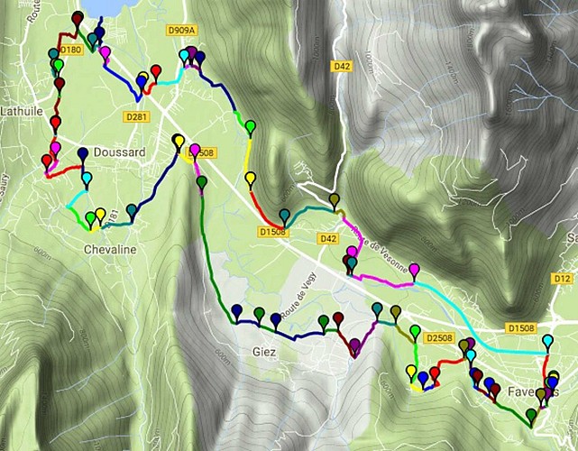 Map of the mountain bike loop along the sources of lake Annecy