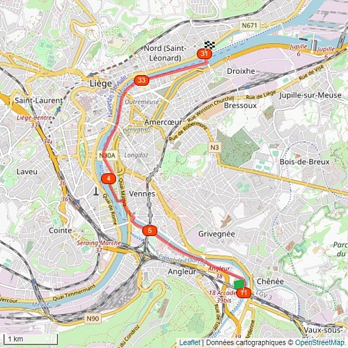 Map - Routes in a straight line  Discovery of Liège