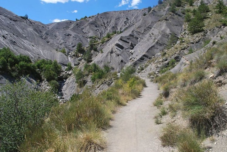 Le sentier passe au pied des marnes