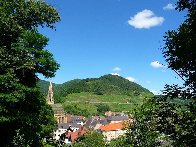 Le clocher de la Collégiale Saint-Thiébaut devant le vignoble du Rangen de Thann