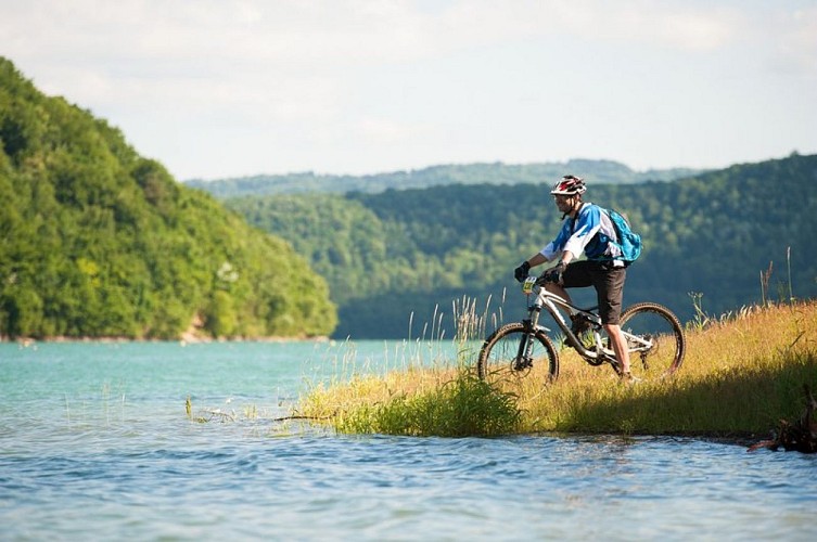 Vététiste sur le Tour du Lac de Vouglans à VTT