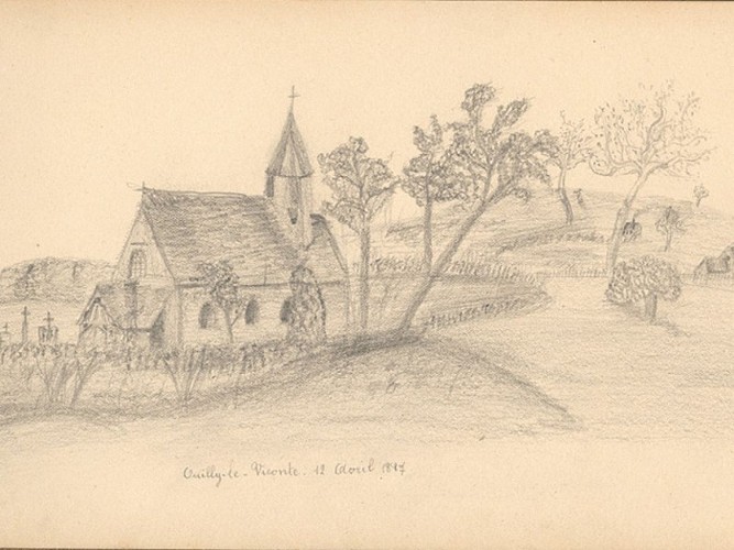 Eglise d'Ouilly le Vicomte dessinée par Thérèse Martin le 12 avril 1887