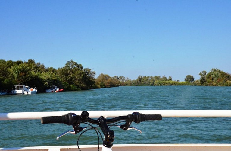 Vélo sur le bac du Sauvage 