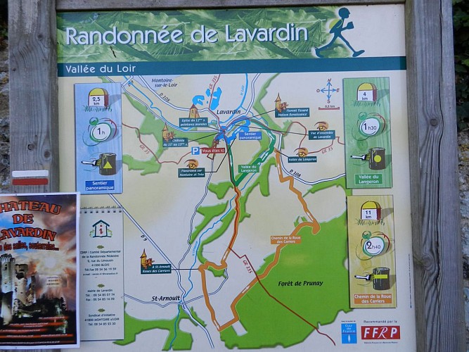 Panneau de départ de randonnées à Lavardin
