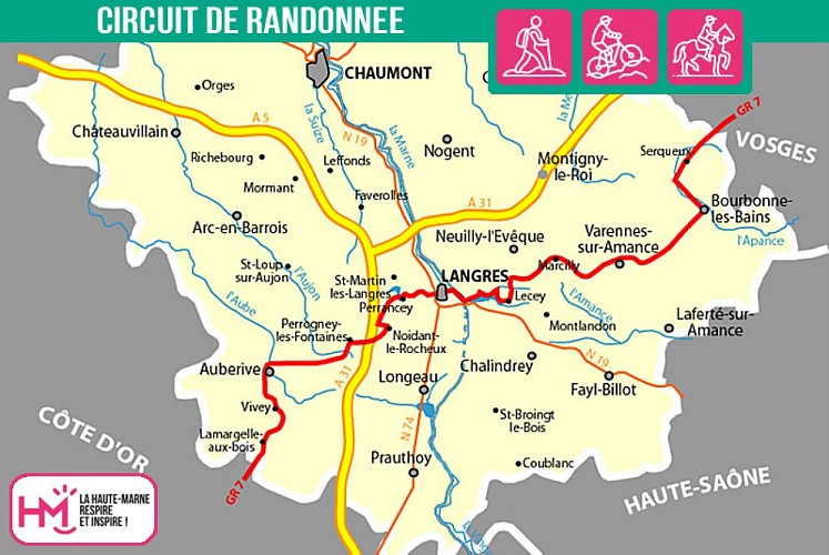 Carte du circuit de randonnée du GR7 - Compostelle