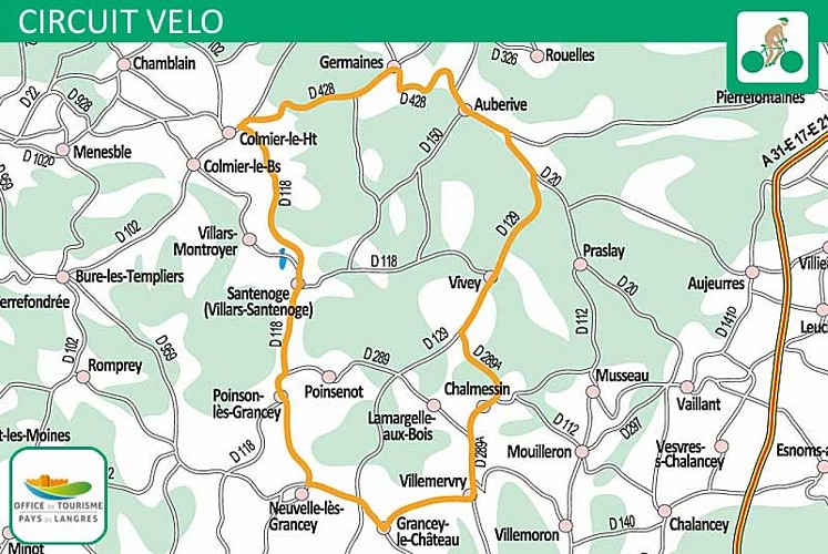 Carte du circuit vélo d'Auberive à Grancey-le-Château