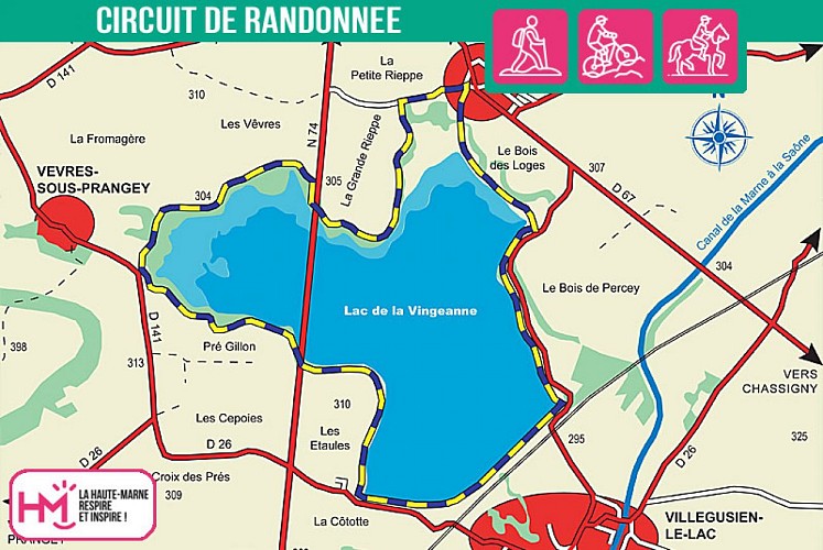 Carte du circuit de randonnée du Tour du lac de la Vingeanne