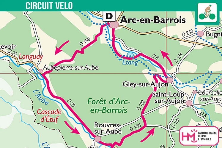 Carte du circuit vélo autour de la forêt d'Arc-en-Barrois