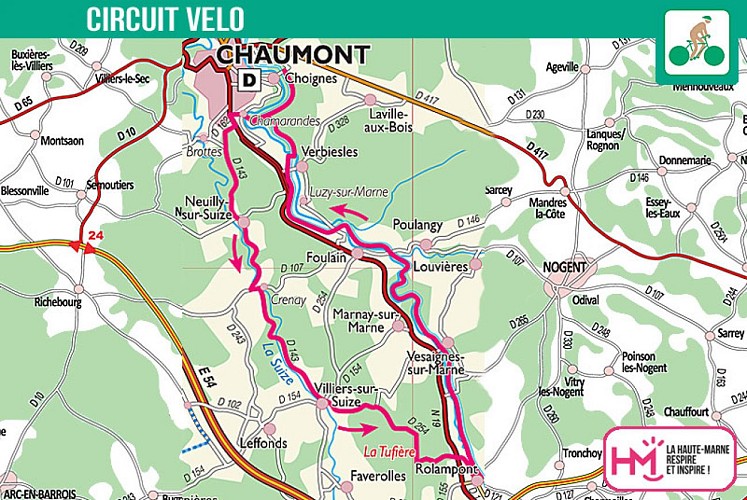 Carte du circuit vélo de la Suize à la Marne