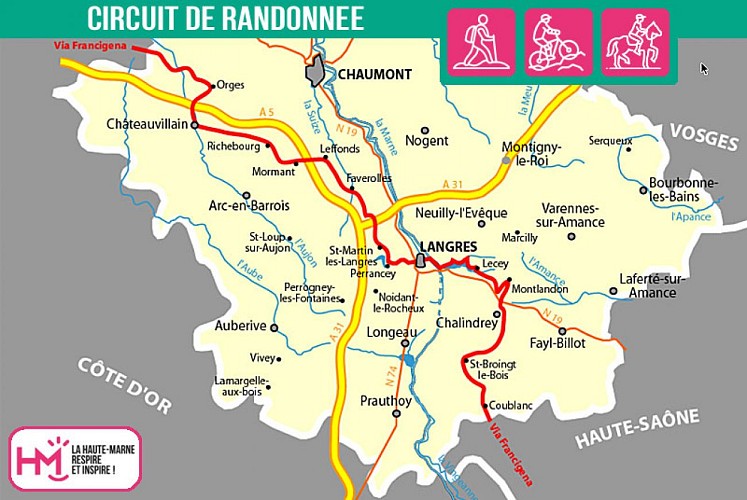 Carte du circuit de randonnée du GR145 - Via Francigena