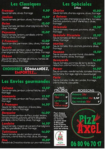 carte des pizzas