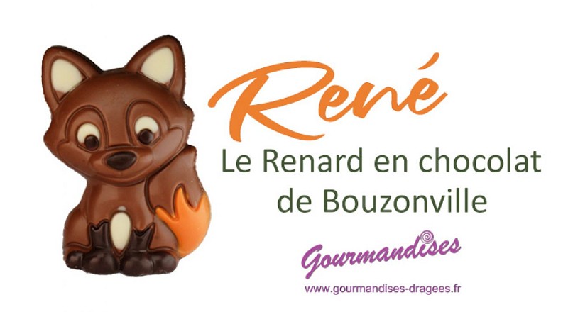 René, le renard en chocolat de Bouzonville. Un sujet en chocolat au chocolat au lait à l'image du blason de la ville de Bouzonville. Exclusif dans votre boutique Gourmandises à Bouzonville.