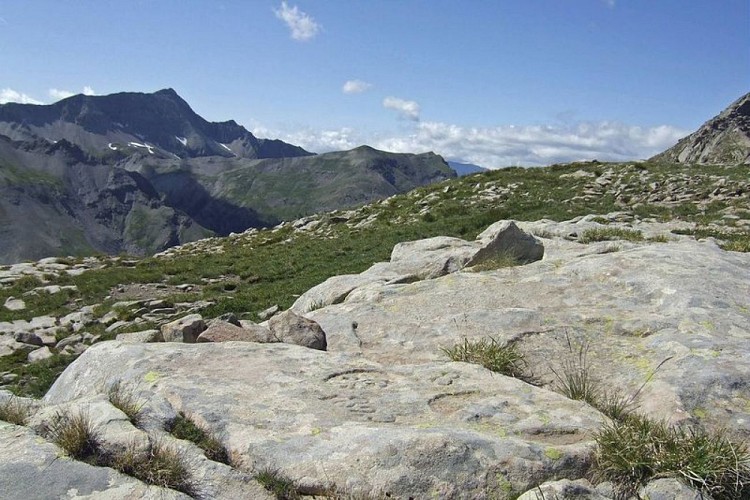 Au sommet de la Gypière, une borne-frontière Lys de France Croix de Savoie, sur une dalle de grès d'Annot