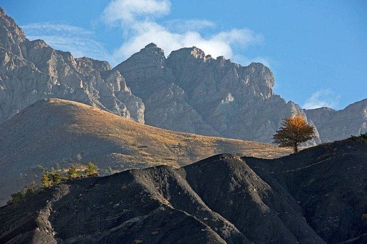 Paysage du Haut-Var-Cians à Entraunes,marnes noires en premier plan, surmontées de falaises