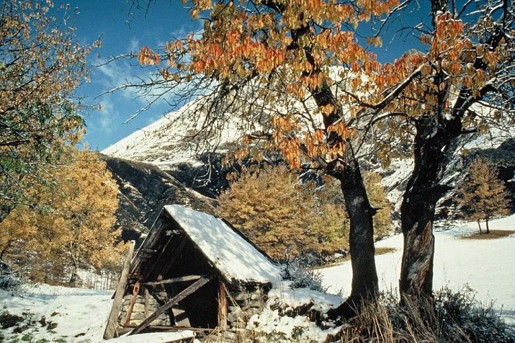 Se mêlant aux chaudes couleurs automnales, une première neige décore le hameau de Bouchier à Allos