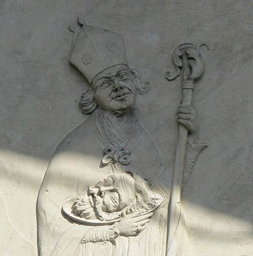 Détail d'une plaque illustrant Saint Grat