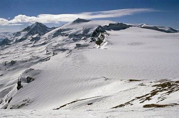 Vue sur la Dent Parrachée, les Dômes du Génépy et le Glacier de la Roche Ferran.