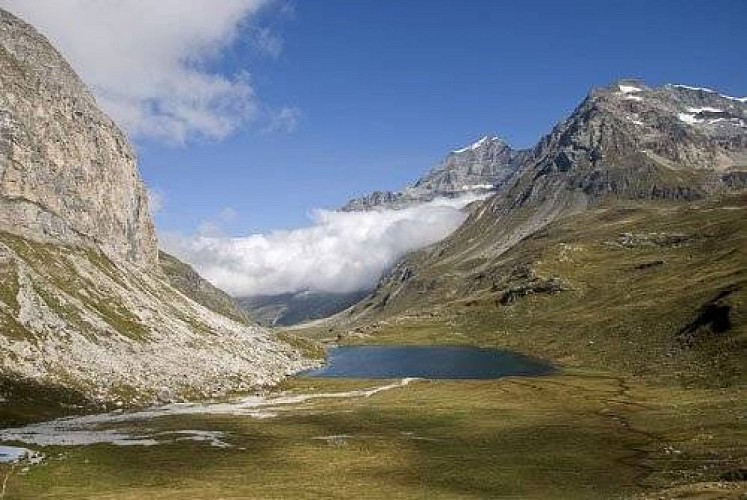 Le Lac de la Plagne. À dr., le Dôme des Platières et le Glacier Suspendu et, au fd., le Mont Pourri. Vue vers N.