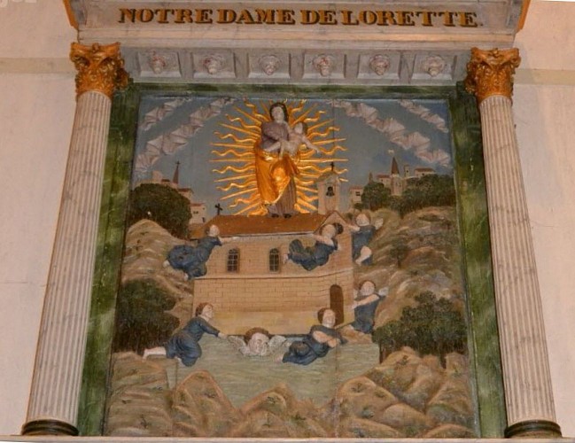 Retable du XVIe figurant le transfert de la maison de la Vierge par les anges à Lorette