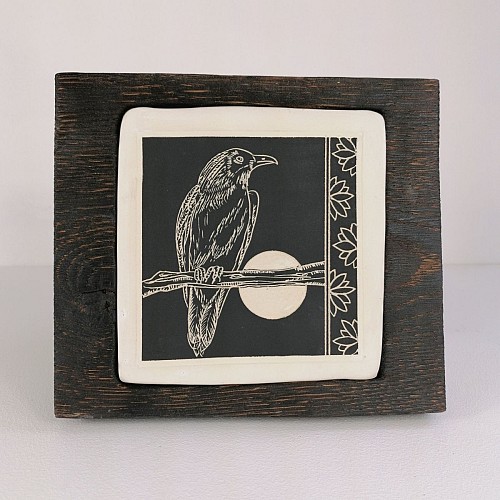 Crow 1_WhiteearthenwareSgraffitoOakframe_18cmHigh21cmWide2cmdeep_SmartMichaella_150GBP