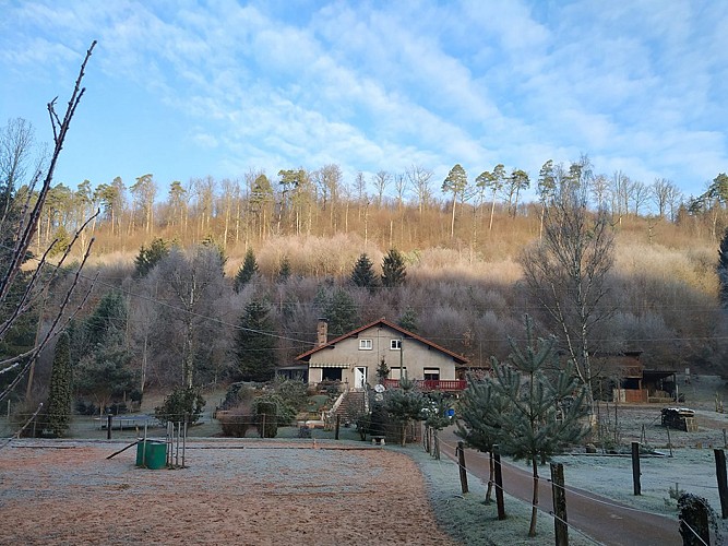 Maison sur 1ha de terrain avec une belle grande
terrasse. Dans le jardin: tyrolienne, trampoline et
balançoire. De nombreux animaux à nourrir: chevaux,
lapins et cochons d'inde.