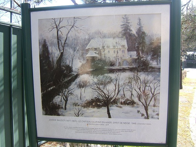 Reproduction du tableau « Le château du Pont en hiver, effet de neige » de Jeanne Baudot