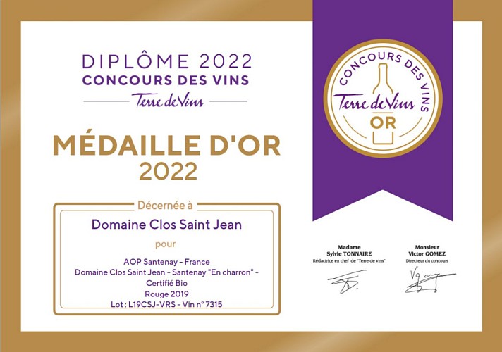 Cheilly les Maranges - Domaine Clos Saint Jean - Concours Terre de vin - Santenay rouge 2019 - Médaille d'or