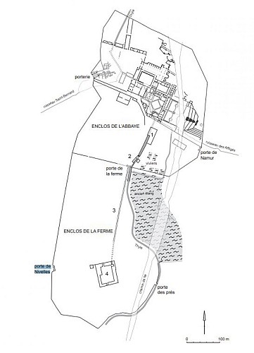 Plan général de l’ancienne abbaye de Villersen-Brabant avec la porte de Nivelles, sous l'abbé Jacques Hache.
