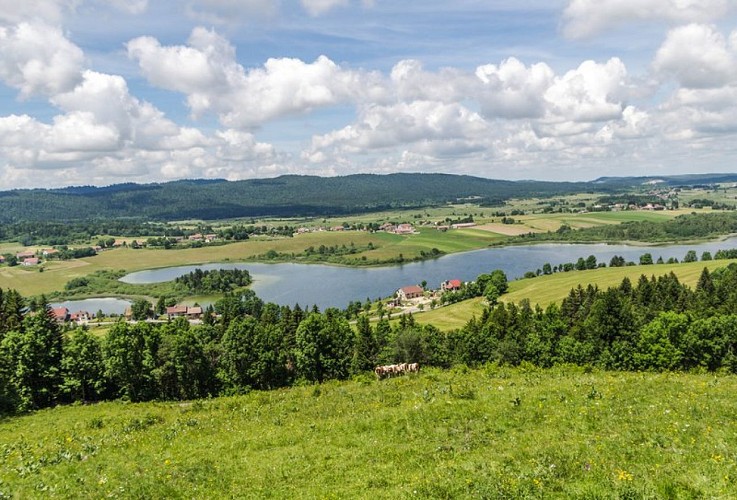 Vue sur le lac de l'Abbaye depuis le belvédère du Moulin