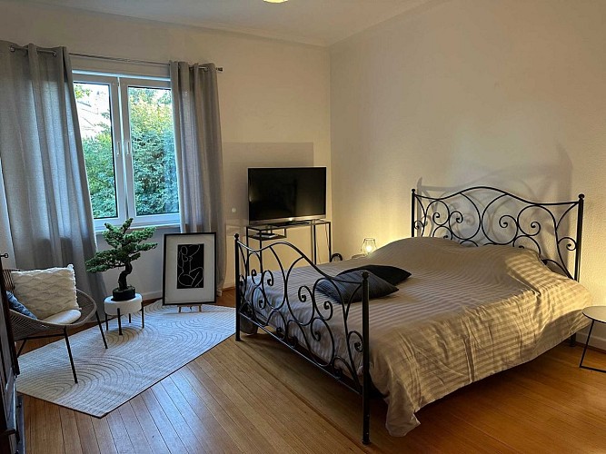 Appartement le 40 - Sarreguemines
Chambre 1  de 20m2 , donnant sur l'arrière de l'immeuble. 
Lit de 160X200 et jolie armoire de rangement. 
TV .