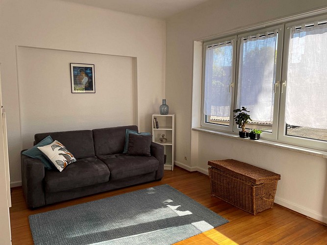 Appartement le 40 - Sarreguemines
Salon pouvant servir de chambre d'appoint avec un lit canapé de 140.
Cette pièce donne sur la terrasse de l'appartement ainsi que sur l'arrière de la résidence .