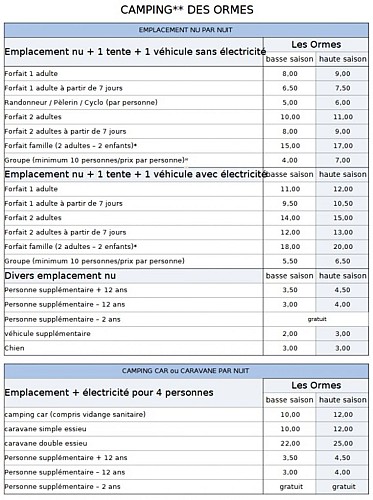 tarifs les Ormes 2026