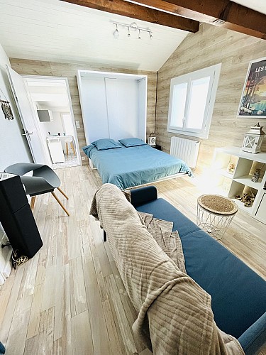 Pièce de vie avec lit ouvert