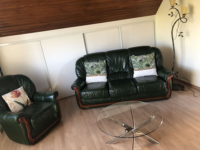 Salon avec canapé, fauteuil, TV