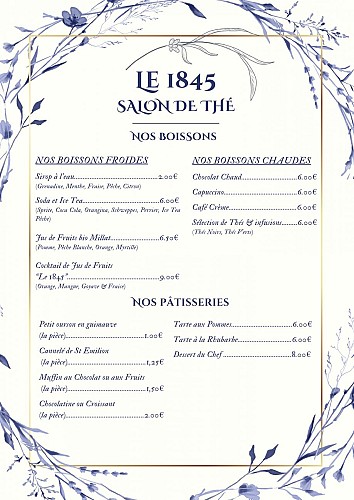 Le 1845 Briare - Salon de Thé - Grand Salon - Menu
