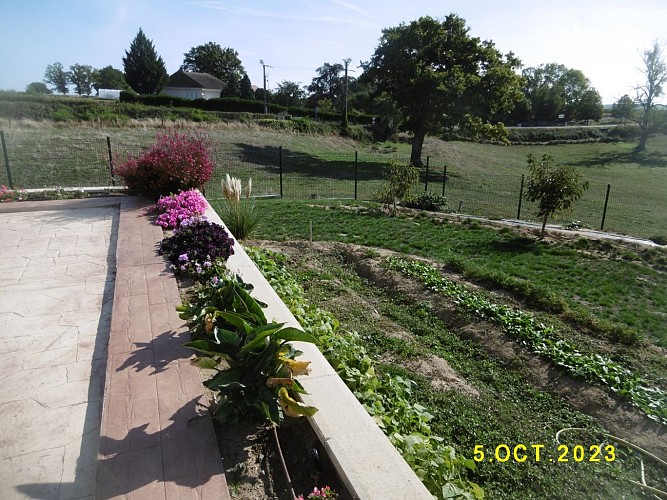 allée fleurie et vue sur le potager