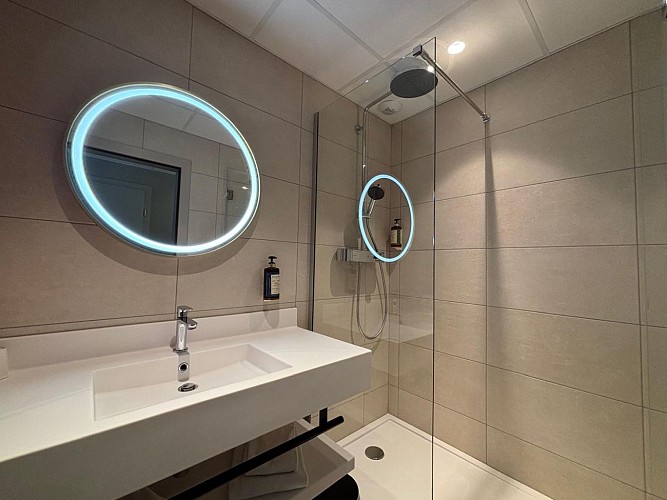 Salle de bain avec douche d'une chambre au Logis Hôtel de l'Ours de Mutzig