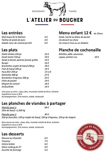 L'atelier du boucher menu