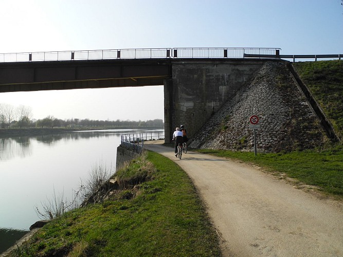 Au bout de cette route, vous passerez en dessous le pont de Bragny et pourrez admirer le confluent de la Saône et du Doubs. 