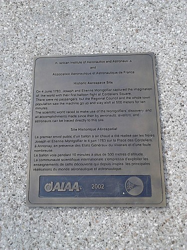 Commemorative plaque of the 1st hot-air balloon flight