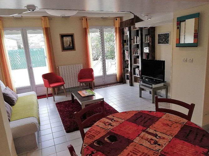 Séjour salon avec bibliothèque et télévision