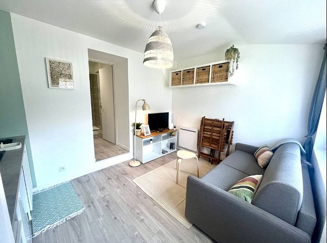 Vue de la pièce principale du studio, avec canapé tv et rangements